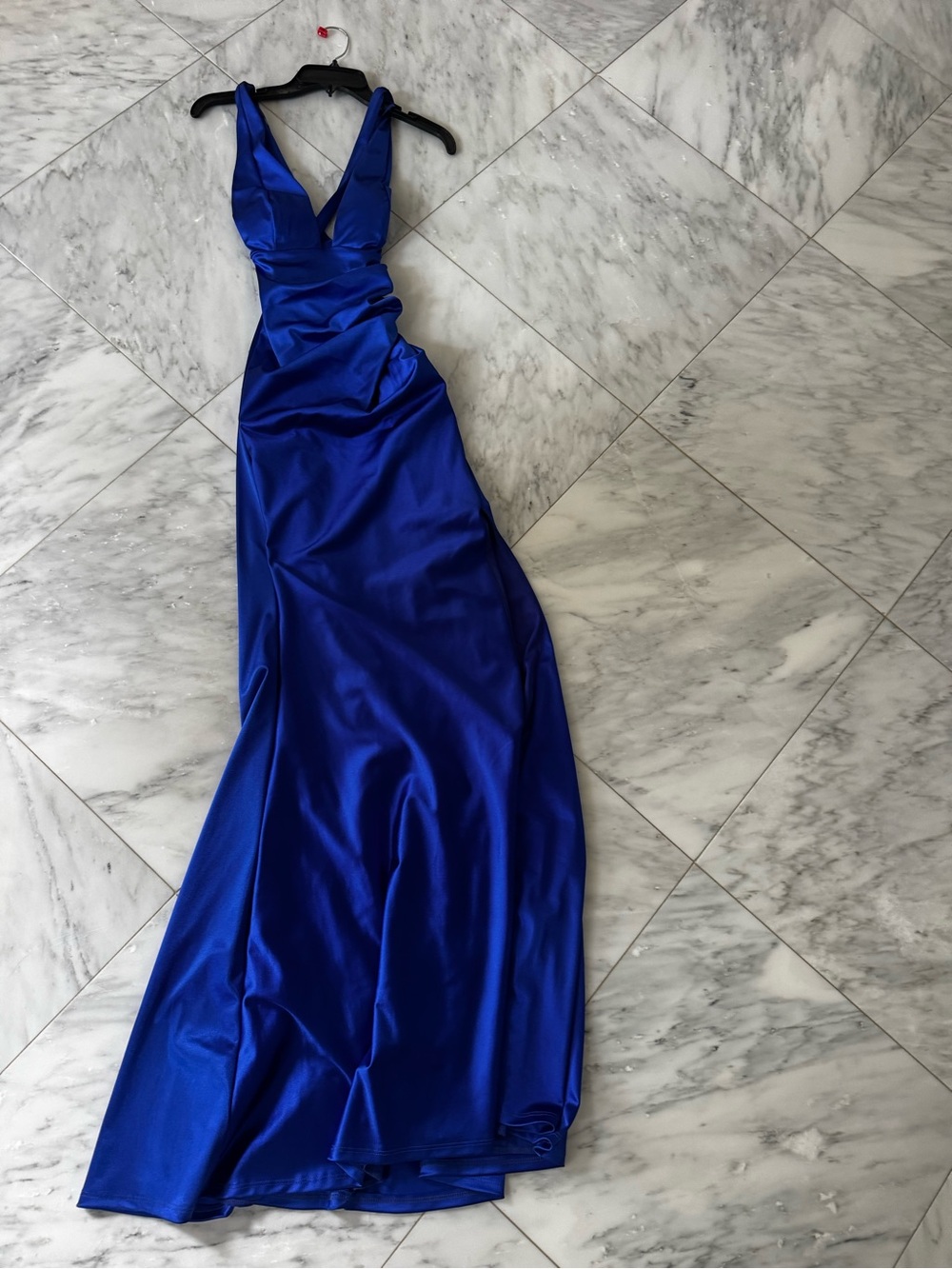 Windsor Royal Blue Satin V-Neck Prom Gown